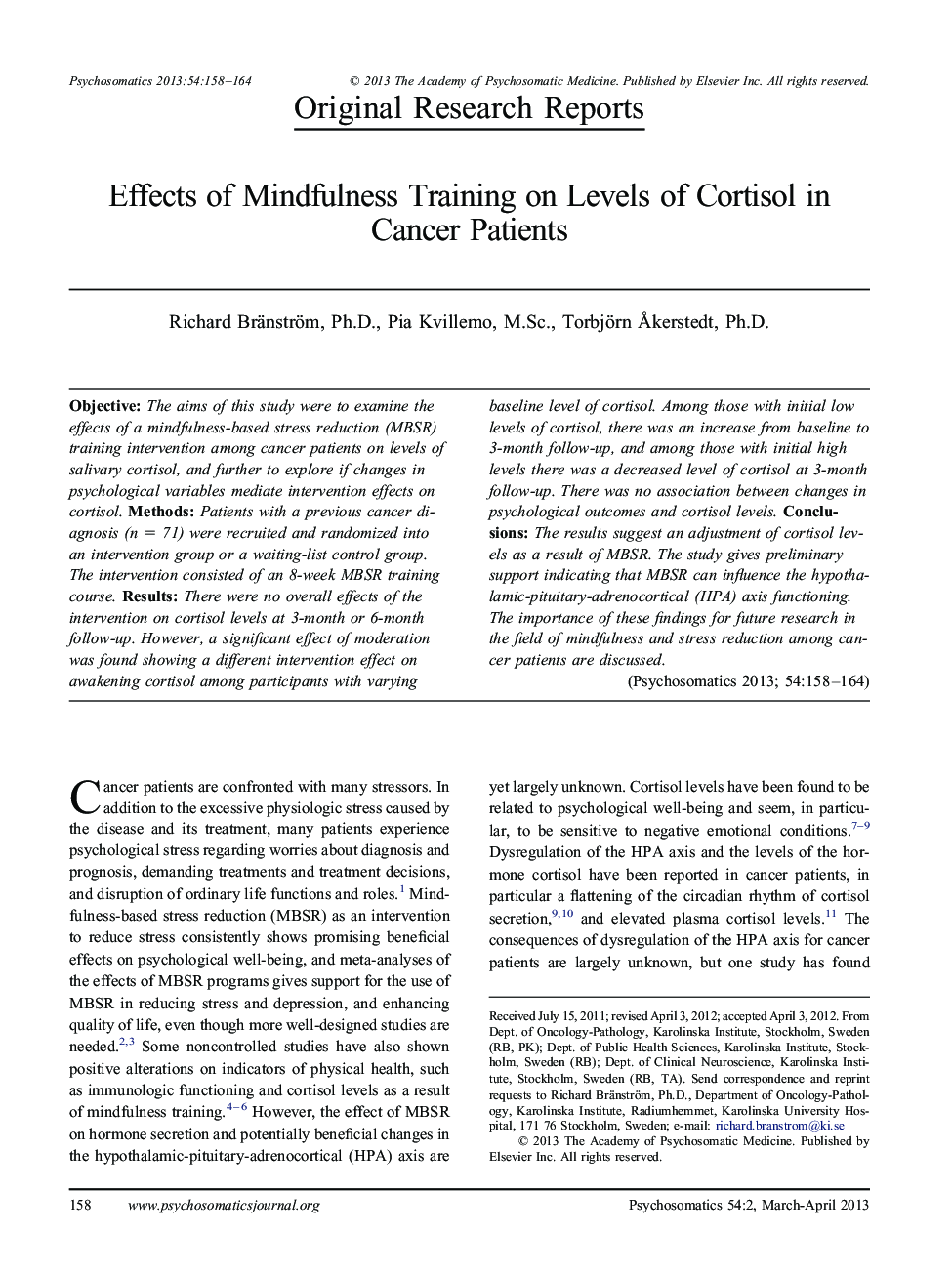 Effects of Mindfulness Training on Levels of Cortisol in Cancer Patients