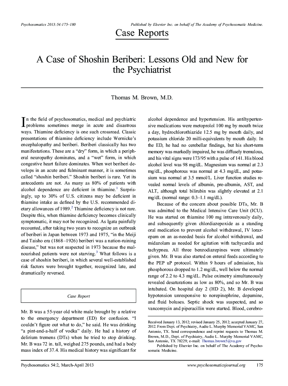 A Case of Shoshin Beriberi: Lessons Old and New for the Psychiatrist