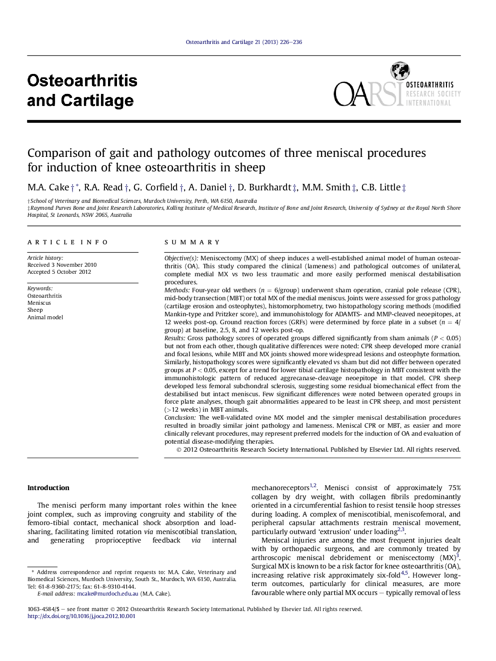 Comparison of gait and pathology outcomes of three meniscal procedures for induction of knee osteoarthritis in sheep