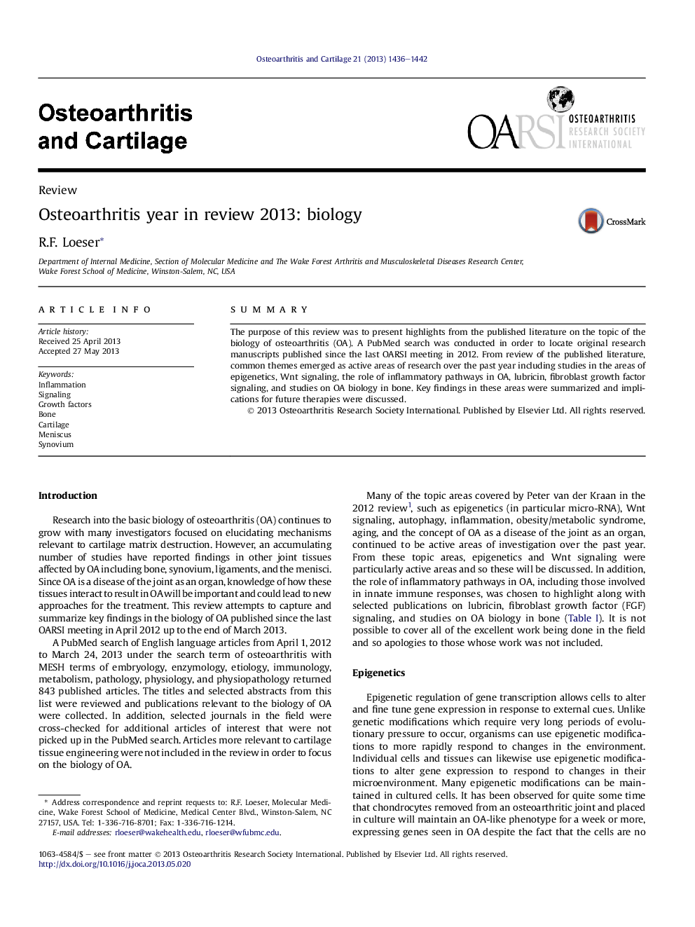 Osteoarthritis year in review 2013: biology