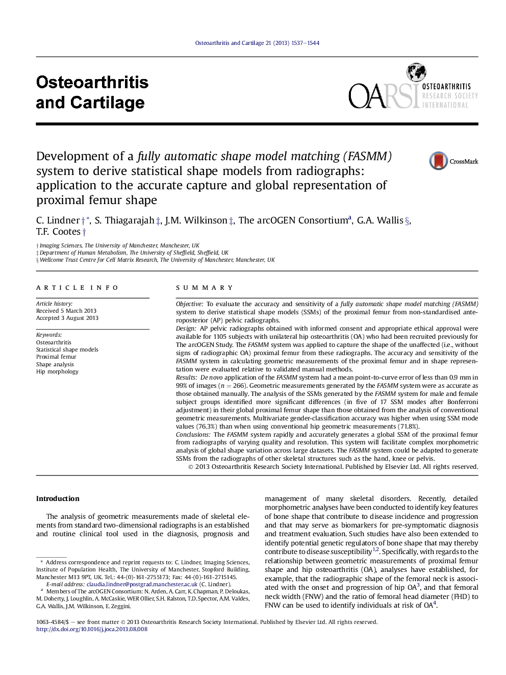 Development of a fully automatic shape model matching (FASMM) system to derive statistical shape models from radiographs: application to the accurate capture and global representation of proximal femur shape