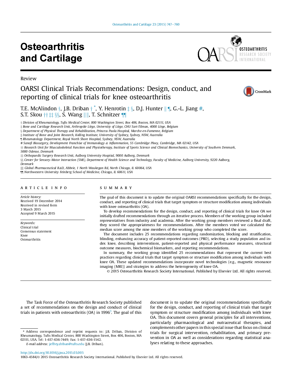 OARSI Clinical Trials Recommendations: Design, conduct, and reporting of clinical trials for knee osteoarthritis