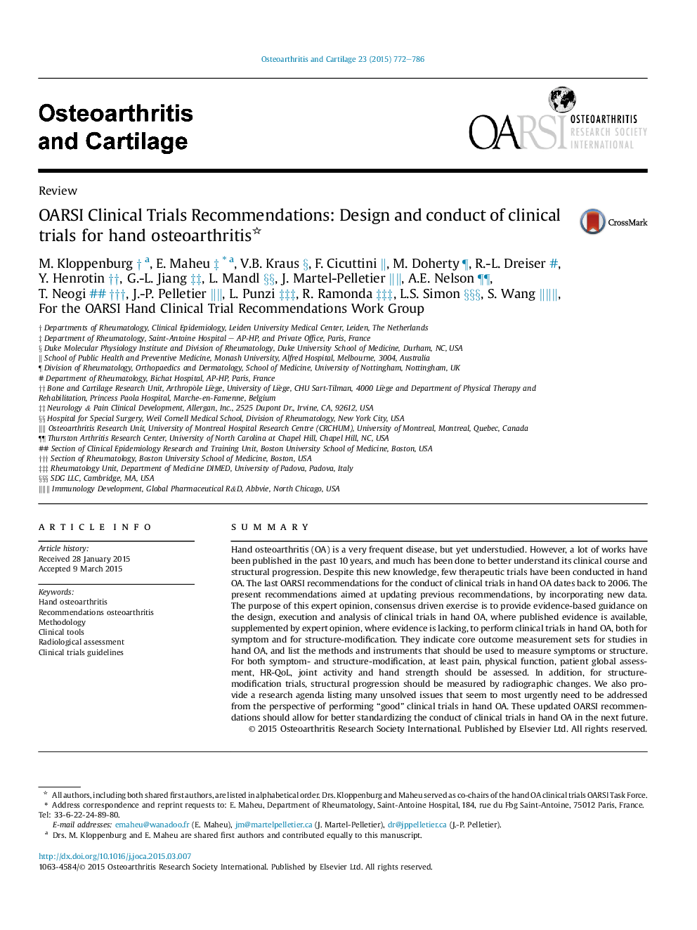 OARSI Clinical Trials Recommendations: Design and conduct of clinical trials for hand osteoarthritis 