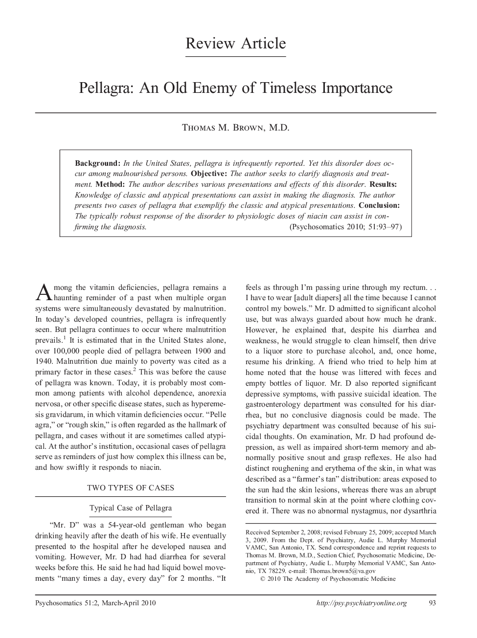 Pellagra: An Old Enemy of Timeless Importance