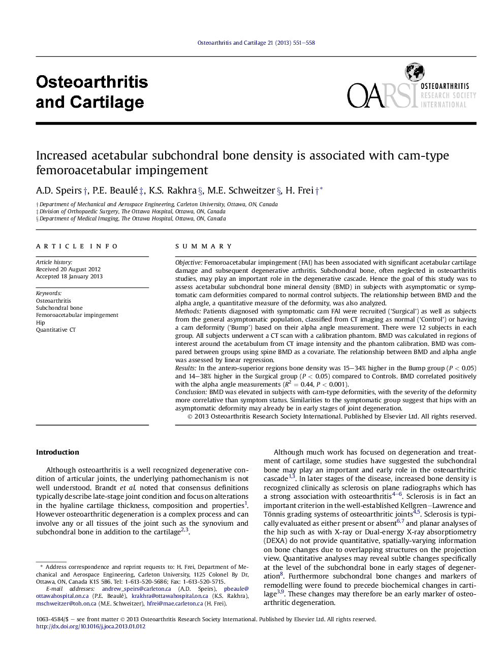 Increased acetabular subchondral bone density is associated with cam-type femoroacetabular impingement