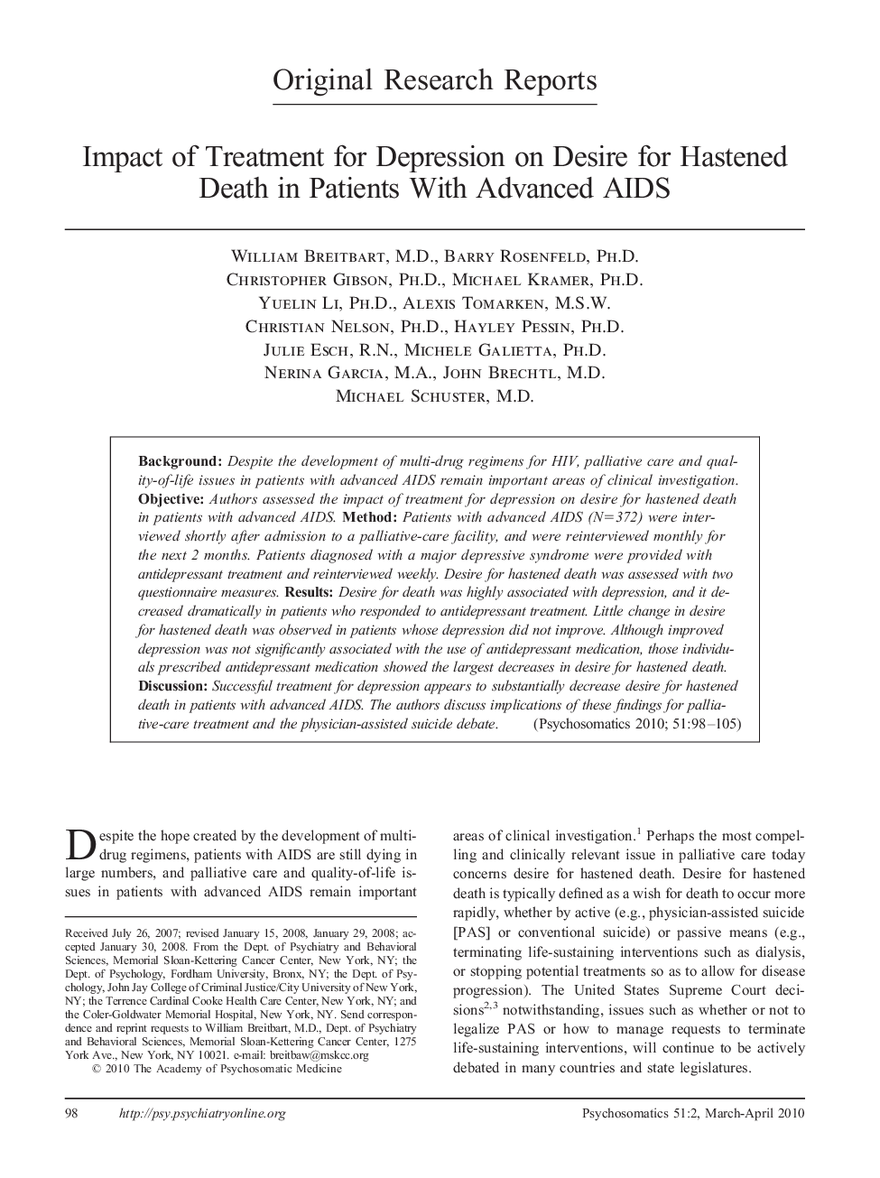Impact of Treatment for Depression on Desire for Hastened Death in Patients With Advanced AIDS
