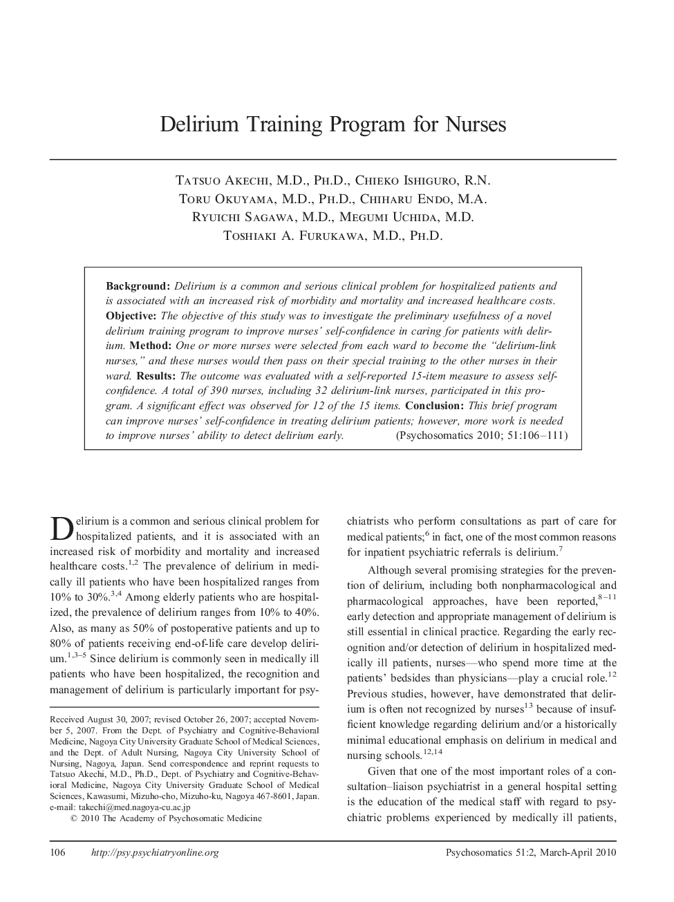 Delirium Training Program for Nurses