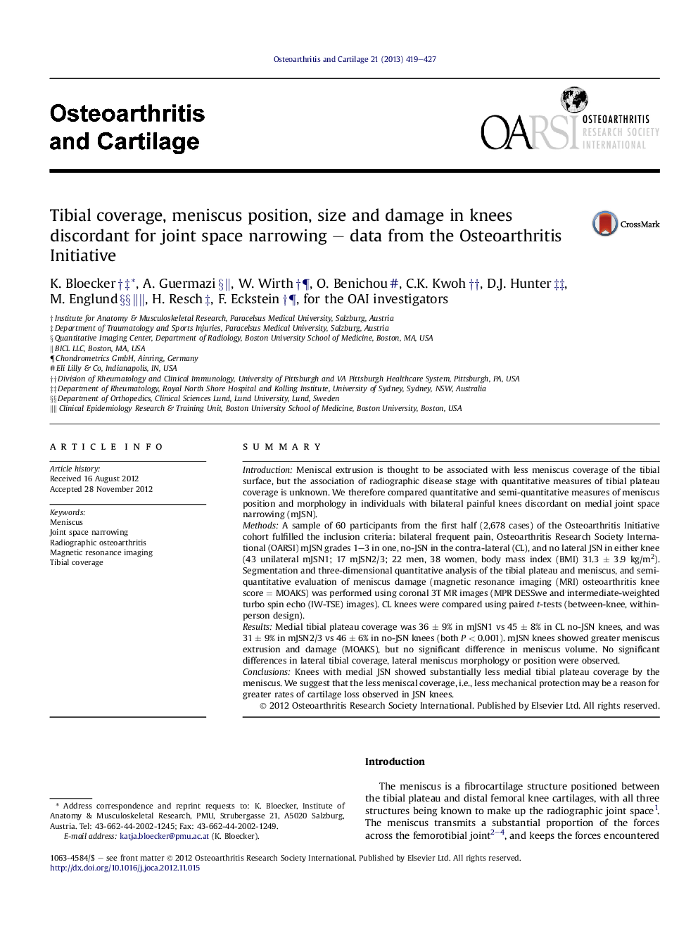 Tibial coverage, meniscus position, size and damage in knees discordant for joint space narrowing – data from the Osteoarthritis Initiative