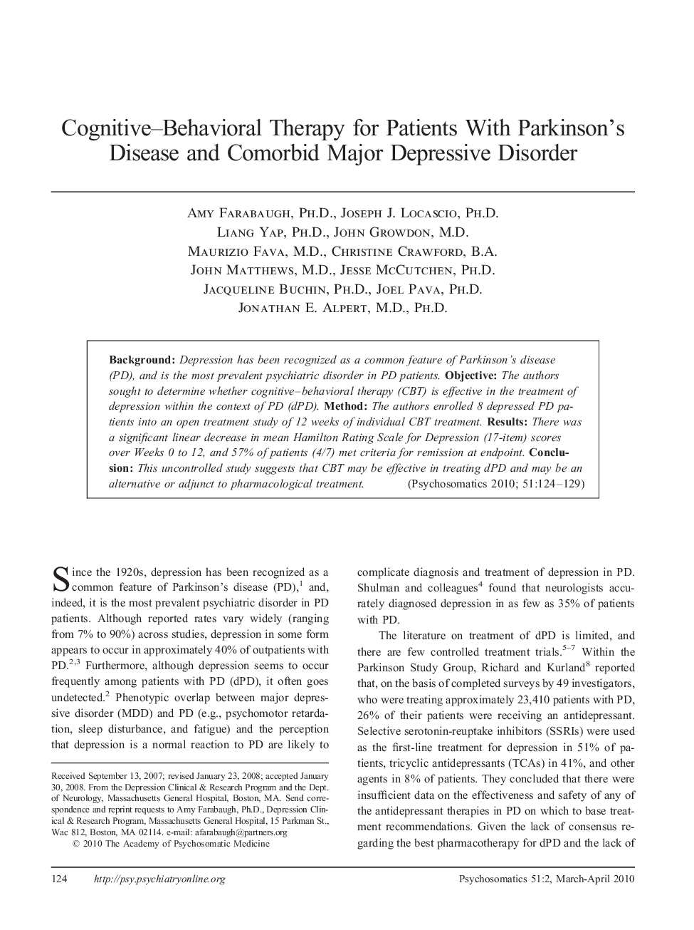 Cognitive–Behavioral Therapy for Patients With Parkinson’s Disease and Comorbid Major Depressive Disorder