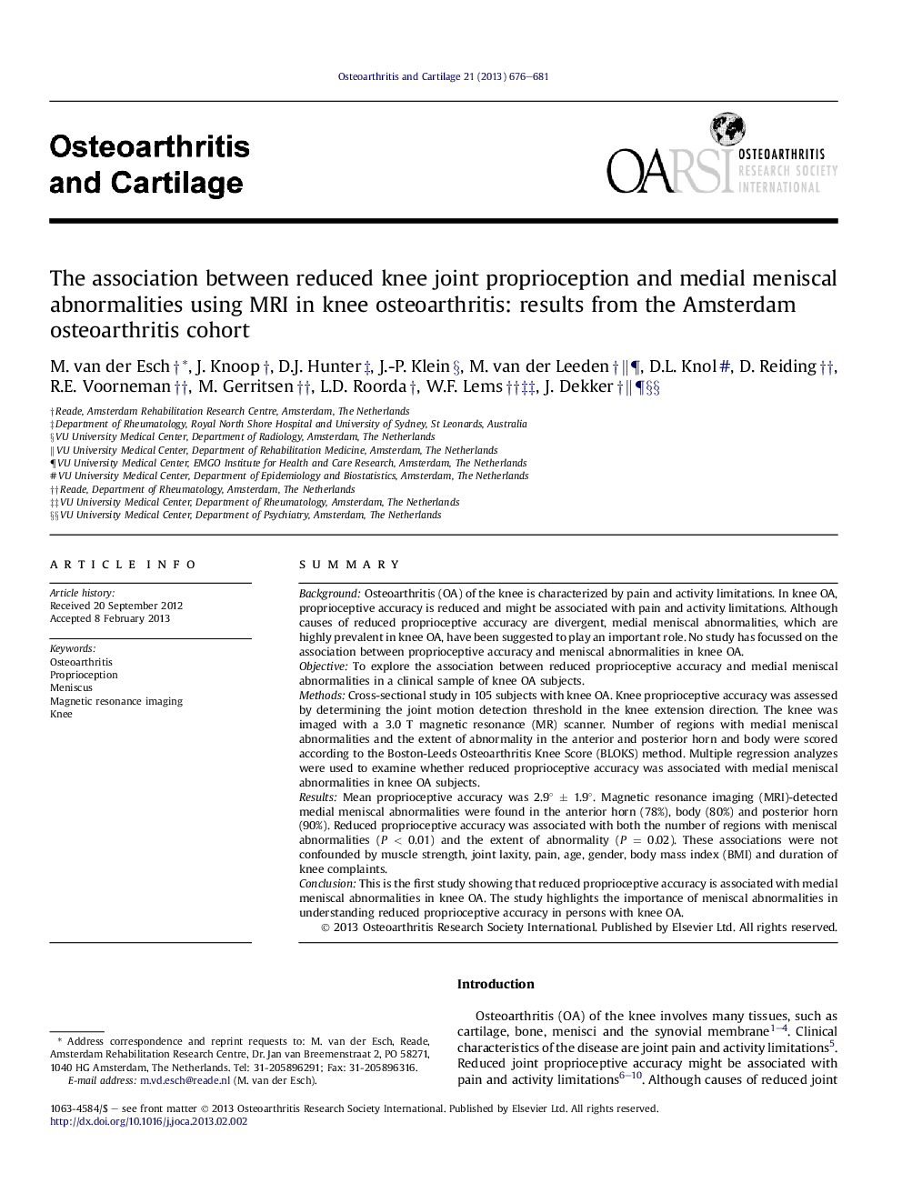 The association between reduced knee joint proprioception and medial meniscal abnormalities using MRI in knee osteoarthritis: results from the Amsterdam osteoarthritis cohort