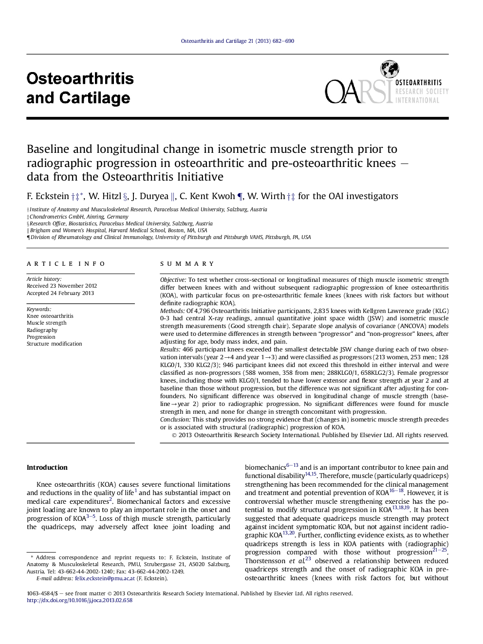 Baseline and longitudinal change in isometric muscle strength prior to radiographic progression in osteoarthritic and pre-osteoarthritic knees – data from the Osteoarthritis Initiative