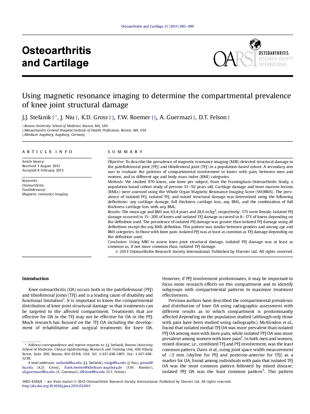 Using magnetic resonance imaging to determine the compartmental prevalence of knee joint structural damage