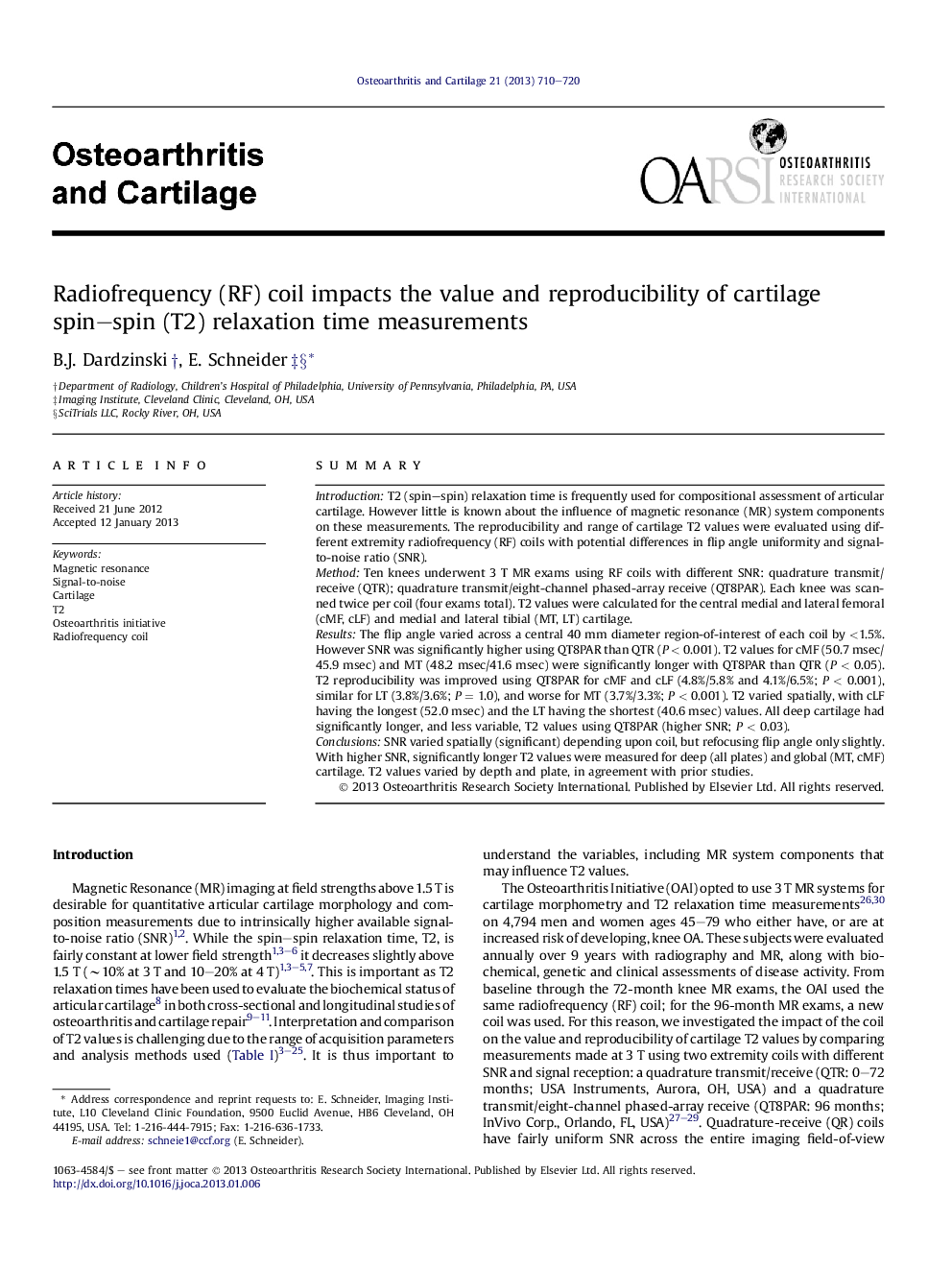 Radiofrequency (RF) coil impacts the value and reproducibility of cartilage spin–spin (T2) relaxation time measurements