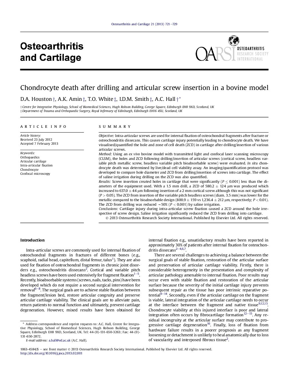 Chondrocyte death after drilling and articular screw insertion in a bovine model