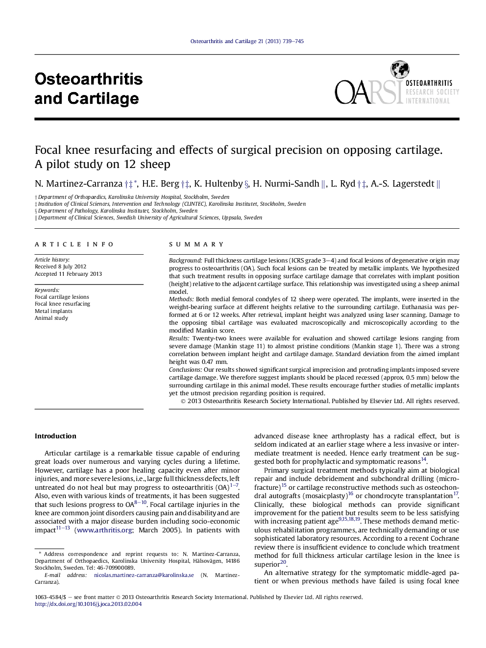 Focal knee resurfacing and effects of surgical precision on opposing cartilage. A pilot study on 12 sheep