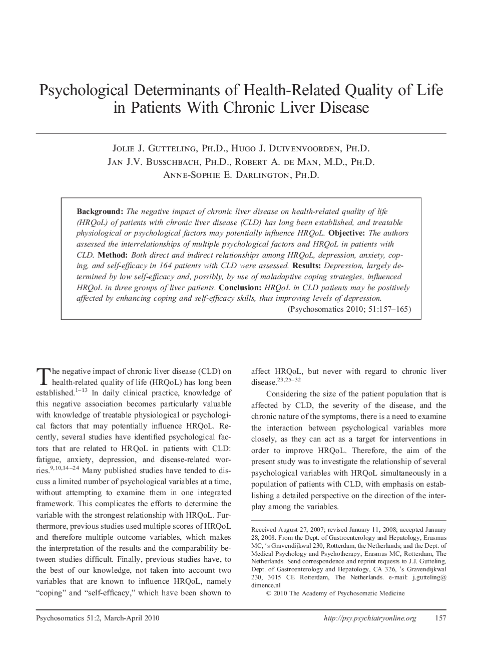 Psychological Determinants of Health-Related Quality of Life in Patients With Chronic Liver Disease