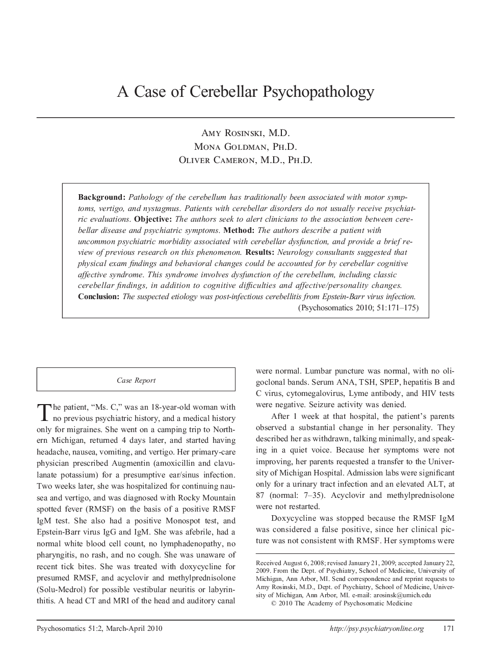 A Case of Cerebellar Psychopathology