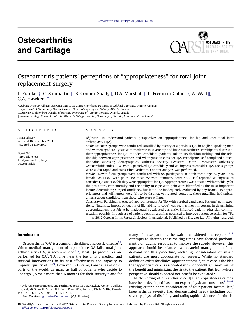 Osteoarthritis patients' perceptions of “appropriateness” for total joint replacement surgery