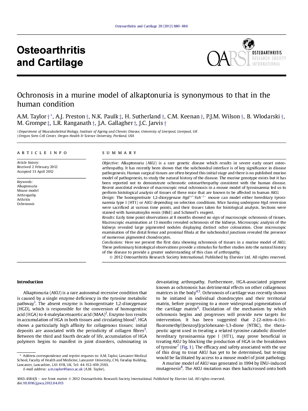 Ochronosis in a murine model of alkaptonuria is synonymous to that in the human condition