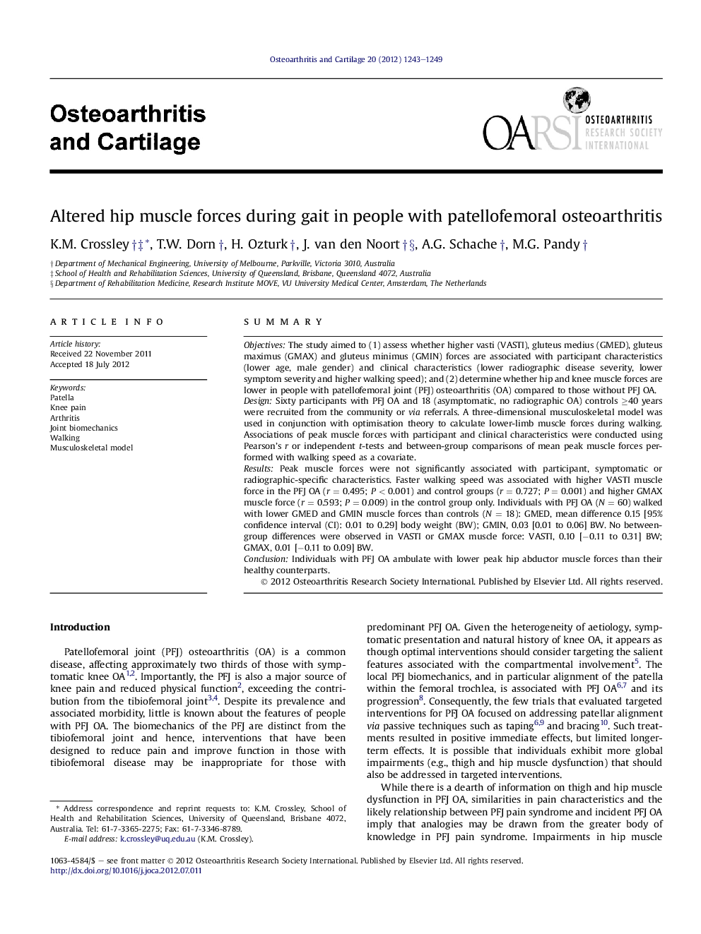 Altered hip muscle forces during gait in people with patellofemoral osteoarthritis