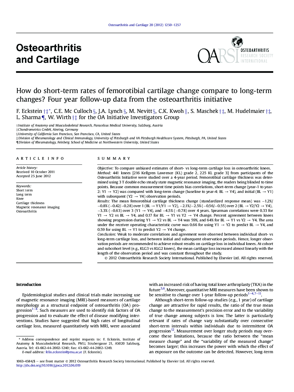 How do short-term rates of femorotibial cartilage change compare to long-term changes? Four year follow-up data from the osteoarthritis initiative