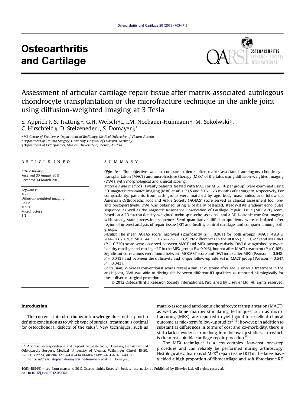 Assessment of articular cartilage repair tissue after matrix-associated autologous chondrocyte transplantation or the microfracture technique in the ankle joint using diffusion-weighted imaging at 3 Tesla