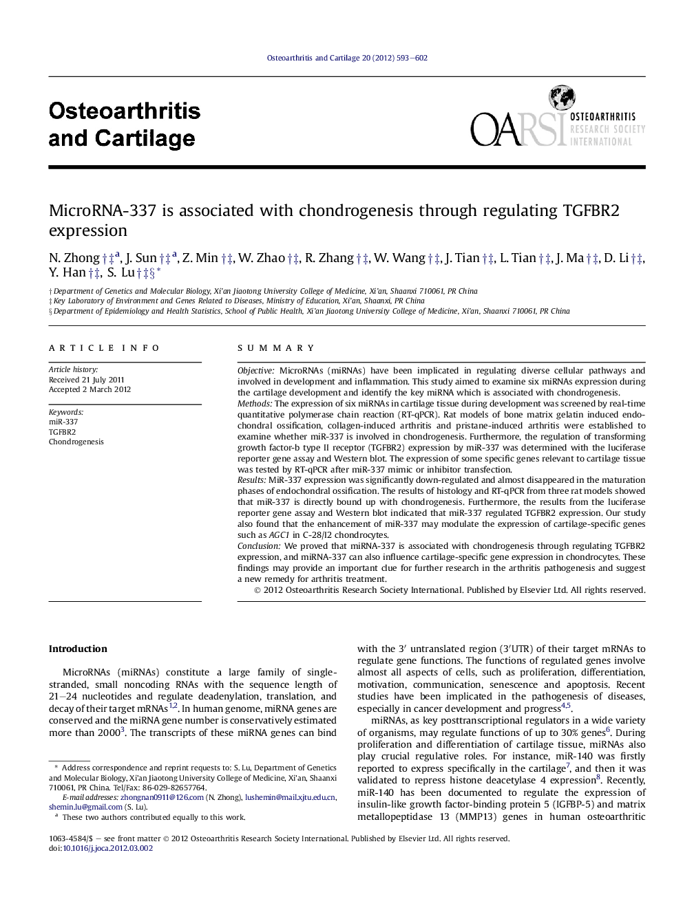 MicroRNA-337 is associated with chondrogenesis through regulating TGFBR2 expression