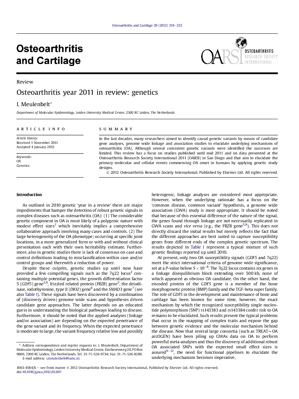 Osteoarthritis year 2011 in review: genetics