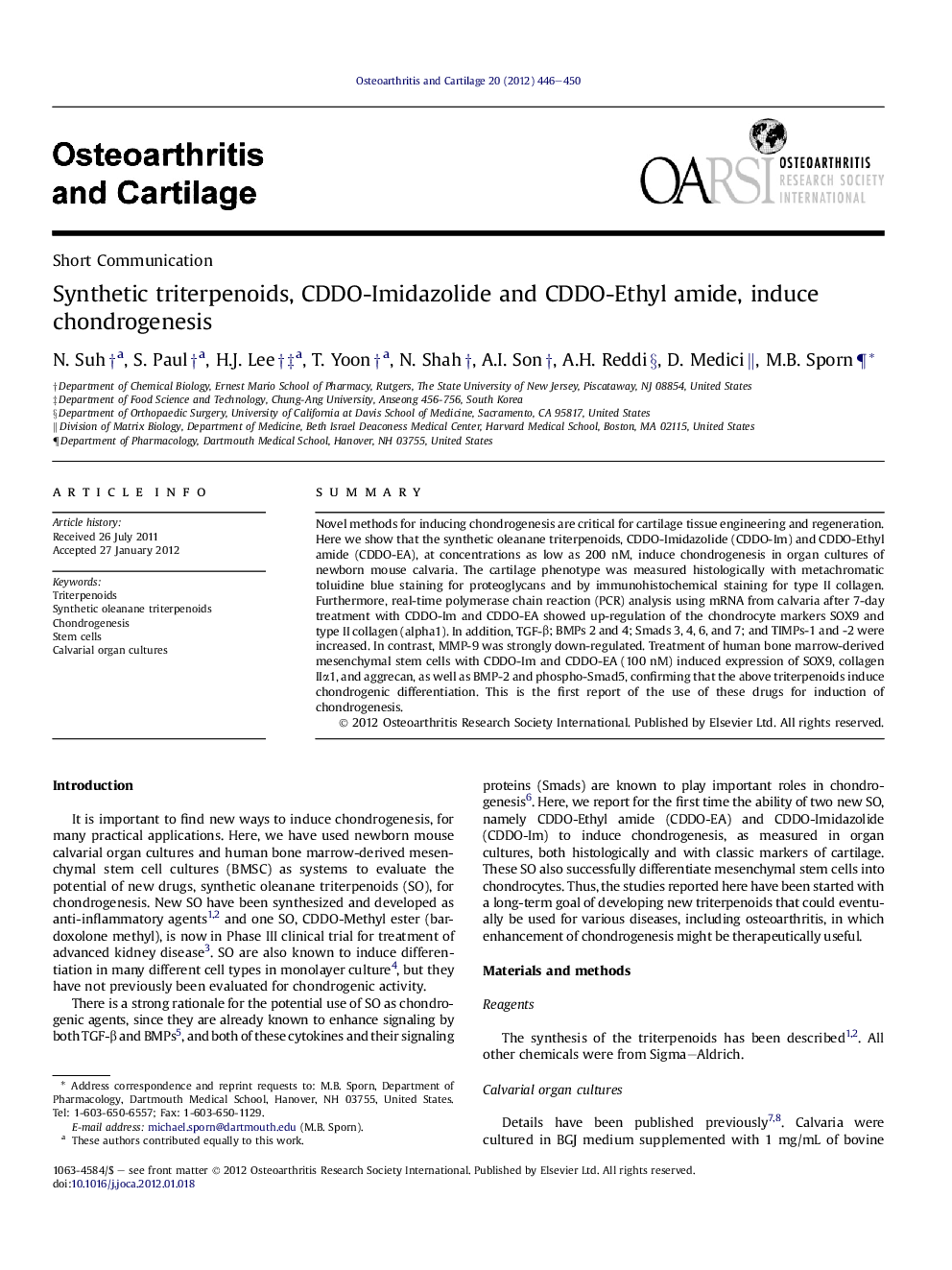 Synthetic triterpenoids, CDDO-Imidazolide and CDDO-Ethyl amide, induce chondrogenesis