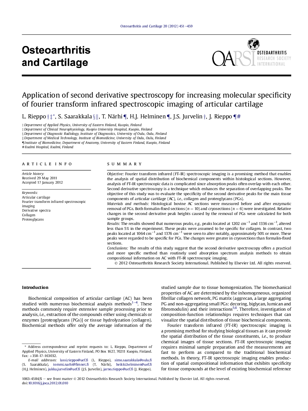 Application of second derivative spectroscopy for increasing molecular specificity of fourier transform infrared spectroscopic imaging of articular cartilage