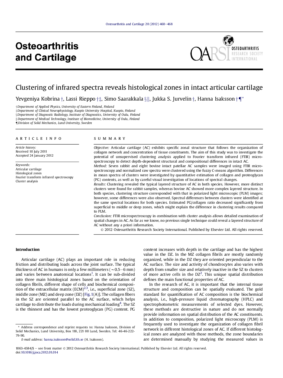 Clustering of infrared spectra reveals histological zones in intact articular cartilage