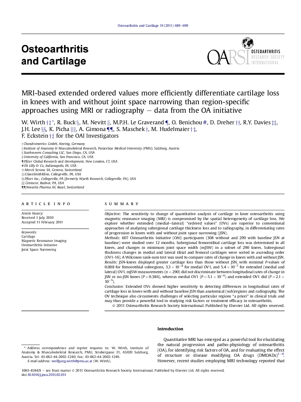 MRI-based extended ordered values more efficiently differentiate cartilage loss in knees with and without joint space narrowing than region-specific approaches using MRI or radiography – data from the OA initiative