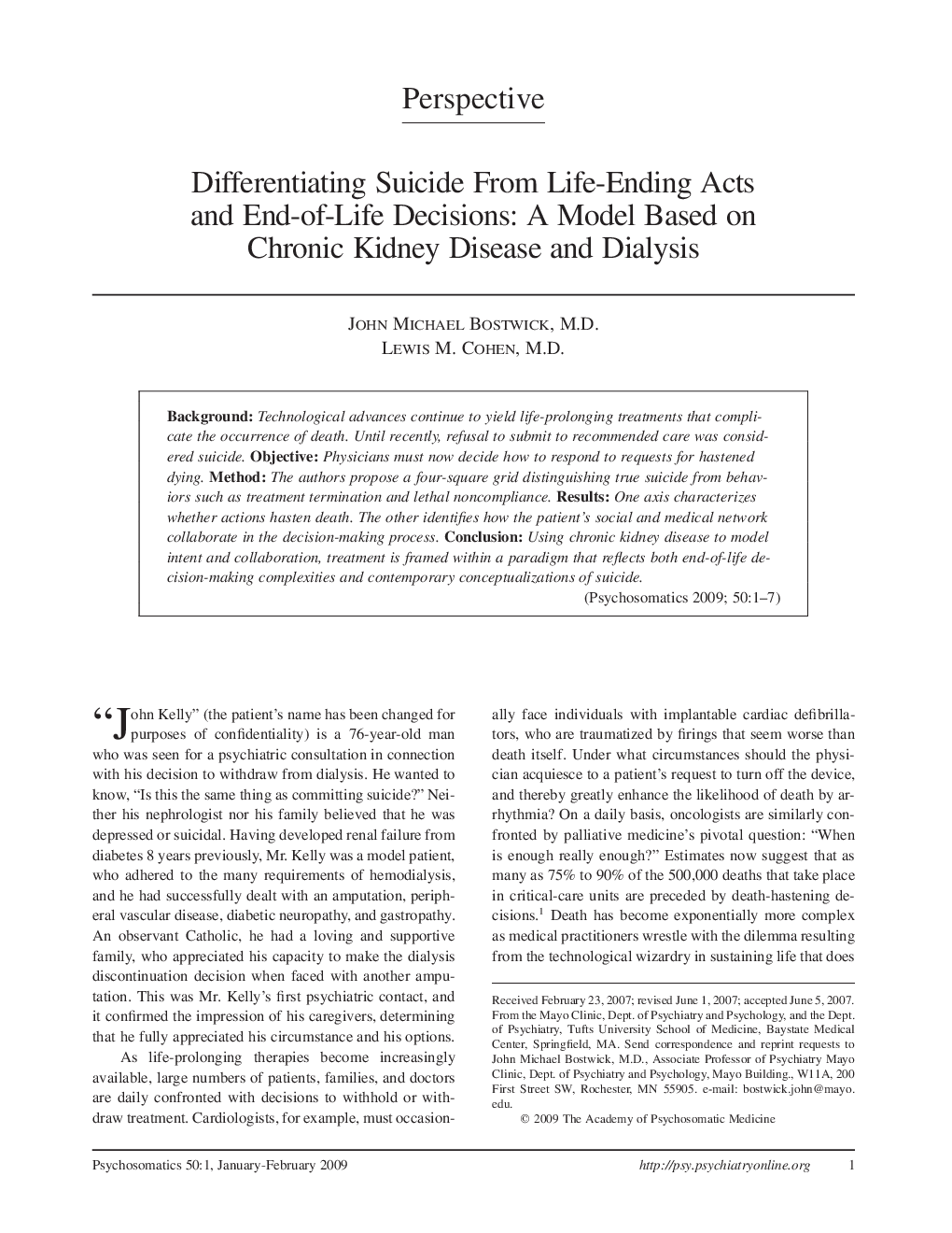 Differentiating Suicide From Life-Ending Acts and End-of-Life Decisions: A Model Based on Chronic Kidney Disease and Dialysis