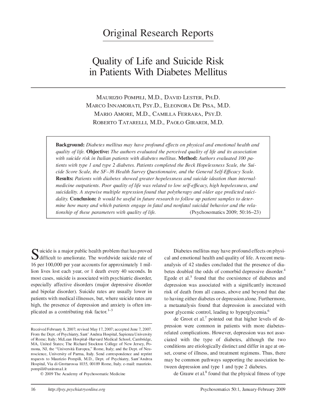 Quality of Life and Suicide Risk in Patients With Diabetes Mellitus