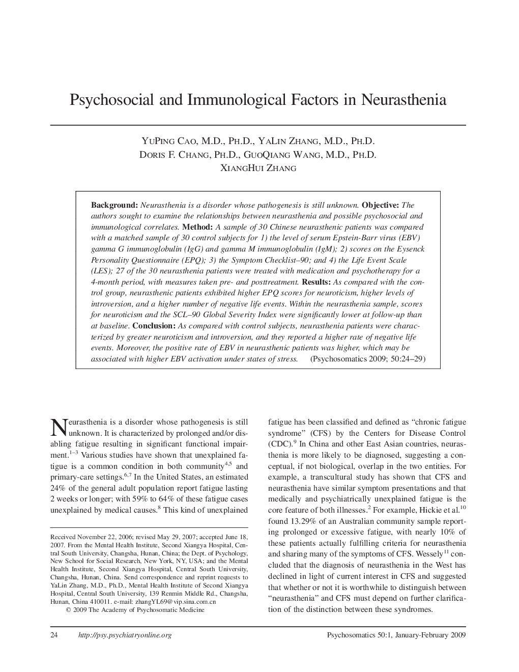 Psychosocial and Immunological Factors in Neurasthenia