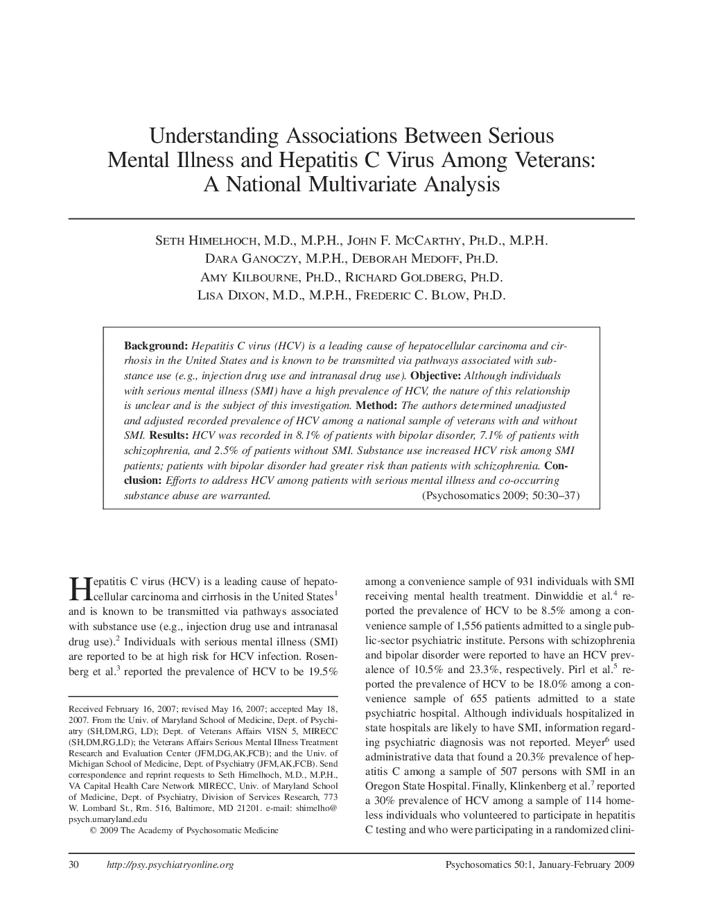 Understanding Associations Between Serious Mental Illness and Hepatitis C Virus Among Veterans: A National Multivariate Analysis