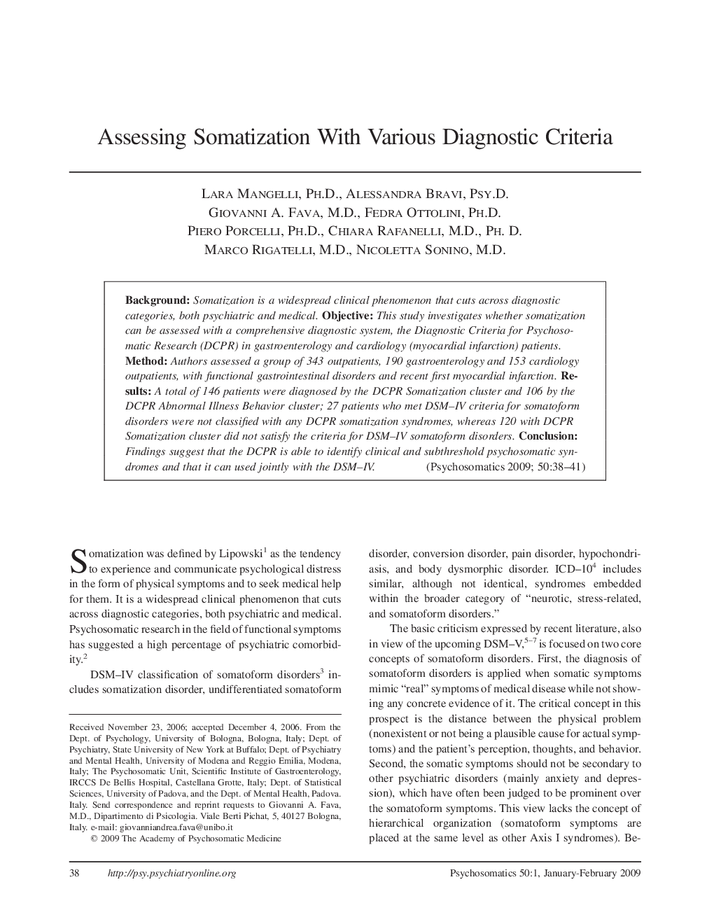 Assessing Somatization With Various Diagnostic Criteria