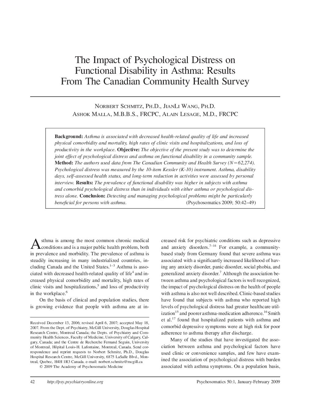 The Impact of Psychological Distress on Functional Disability in Asthma: Results From The Canadian Community Health Survey
