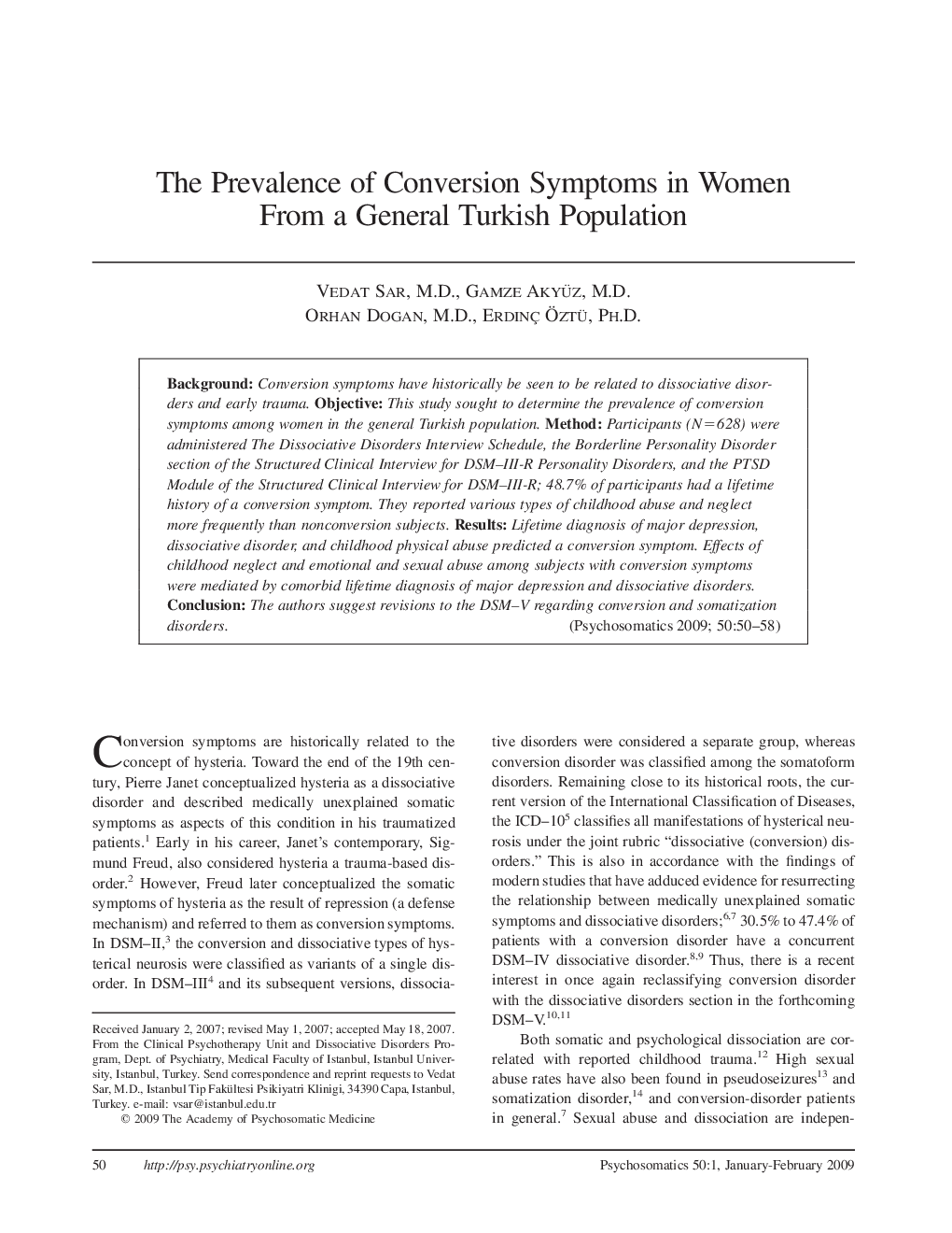 The Prevalence of Conversion Symptoms in Women From a General Turkish Population