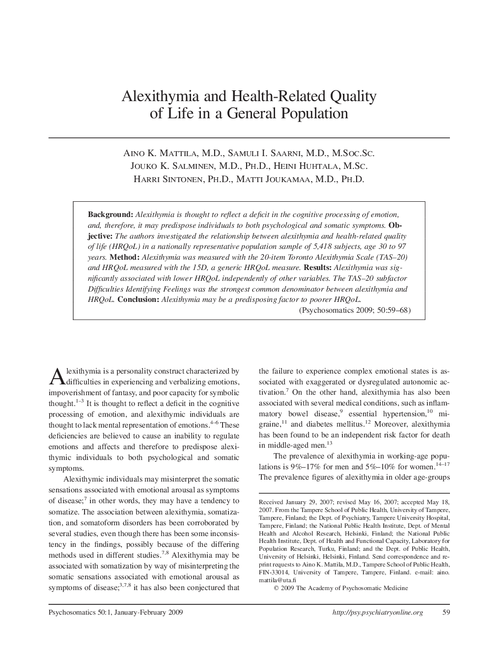 Alexithymia and Health-Related Quality of Life in a General Population