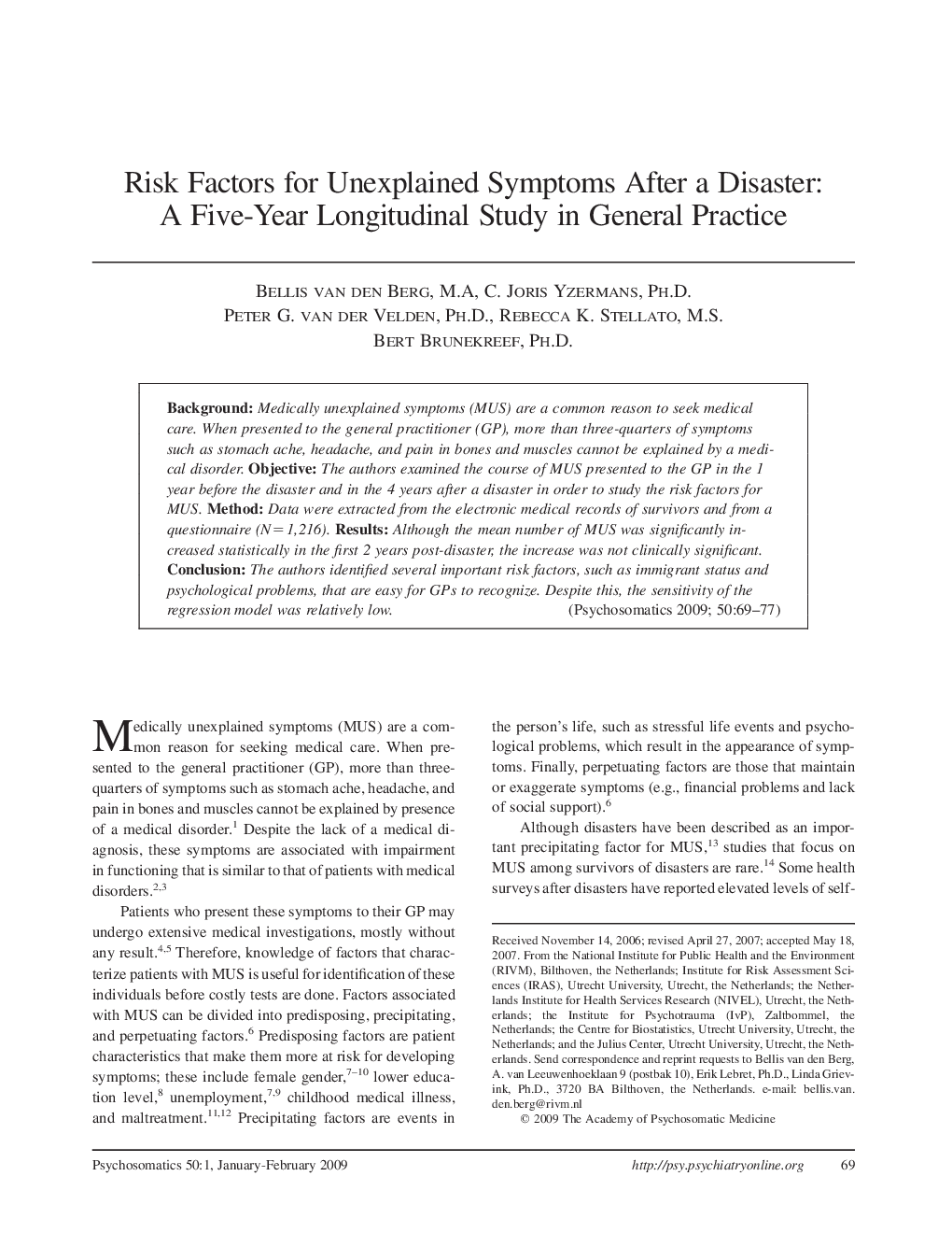 Risk Factors for Unexplained Symptoms After a Disaster: A Five-Year Longitudinal Study in General Practice