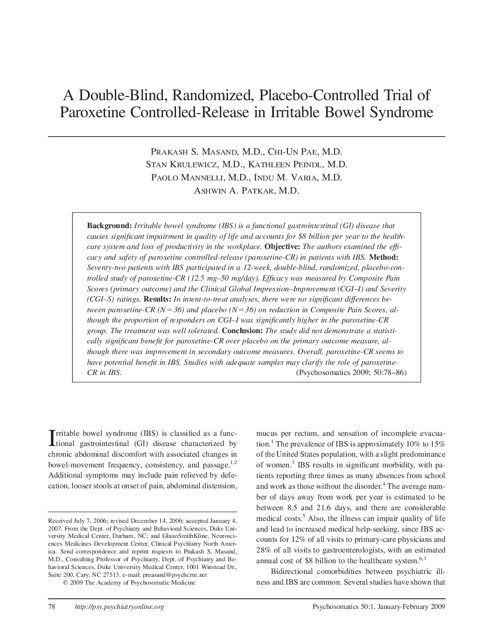 A Double-Blind, Randomized, Placebo-Controlled Trial of Paroxetine Controlled-Release in Irritable Bowel Syndrome
