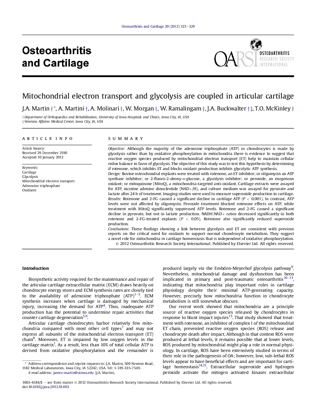 Mitochondrial electron transport and glycolysis are coupled in articular cartilage