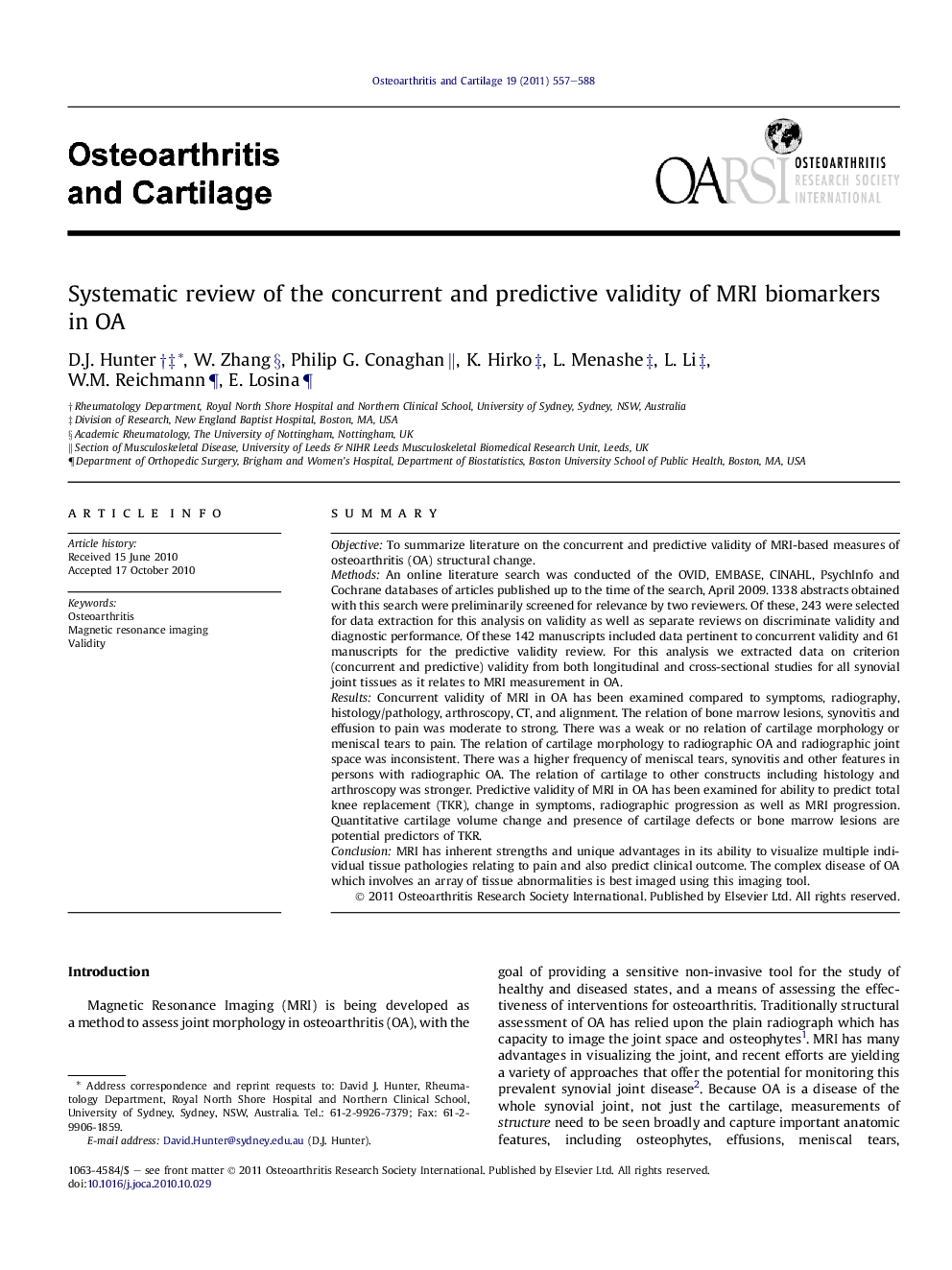 Systematic review of the concurrent and predictive validity of MRI biomarkers in OA