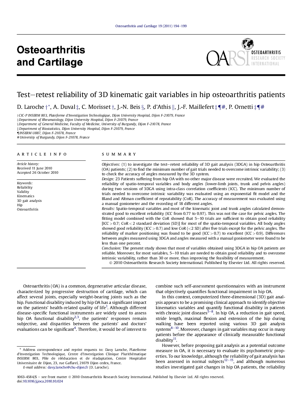 Test–retest reliability of 3D kinematic gait variables in hip osteoarthritis patients