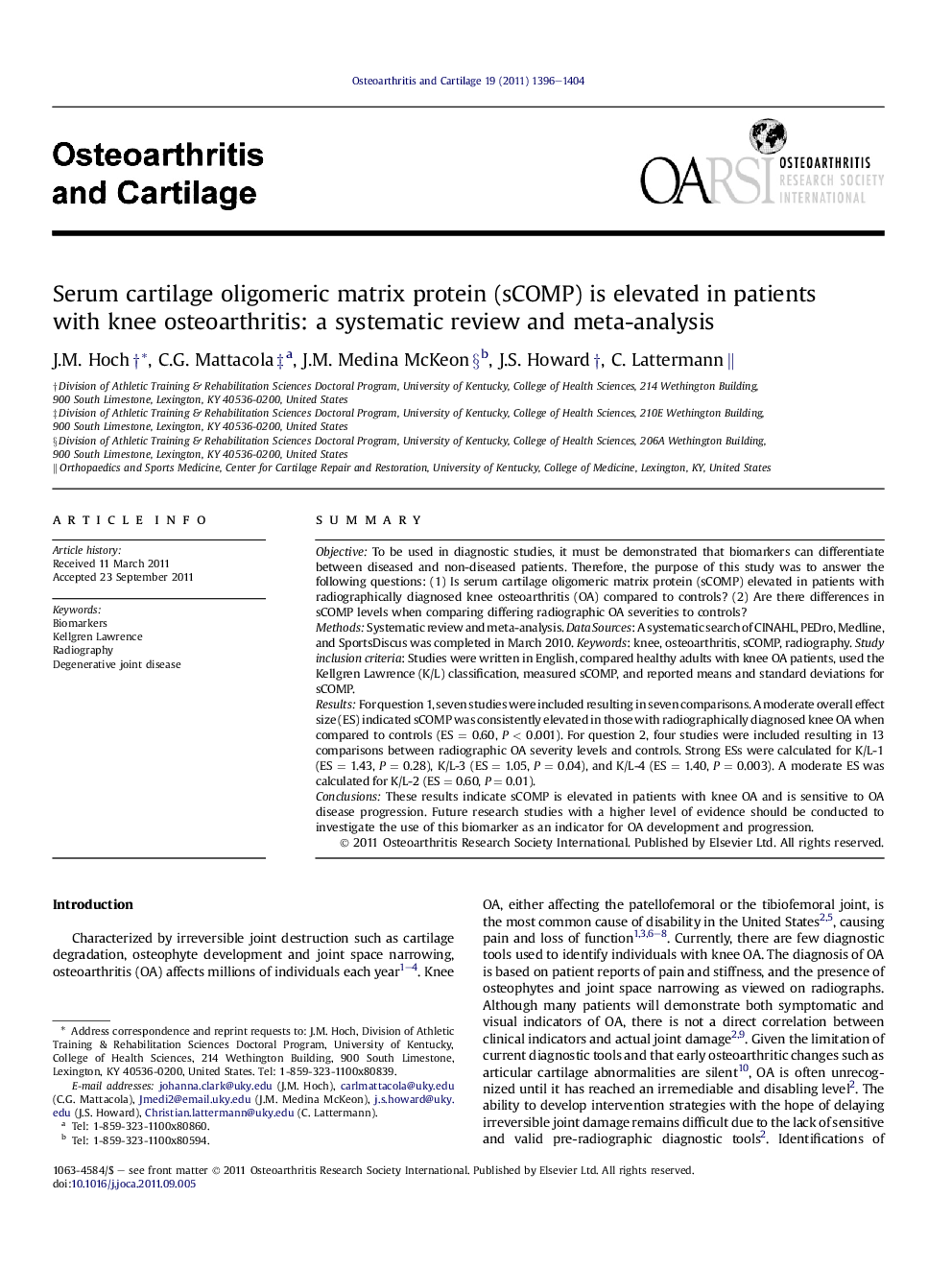 Serum cartilage oligomeric matrix protein (sCOMP) is elevated in patients with knee osteoarthritis: a systematic review and meta-analysis