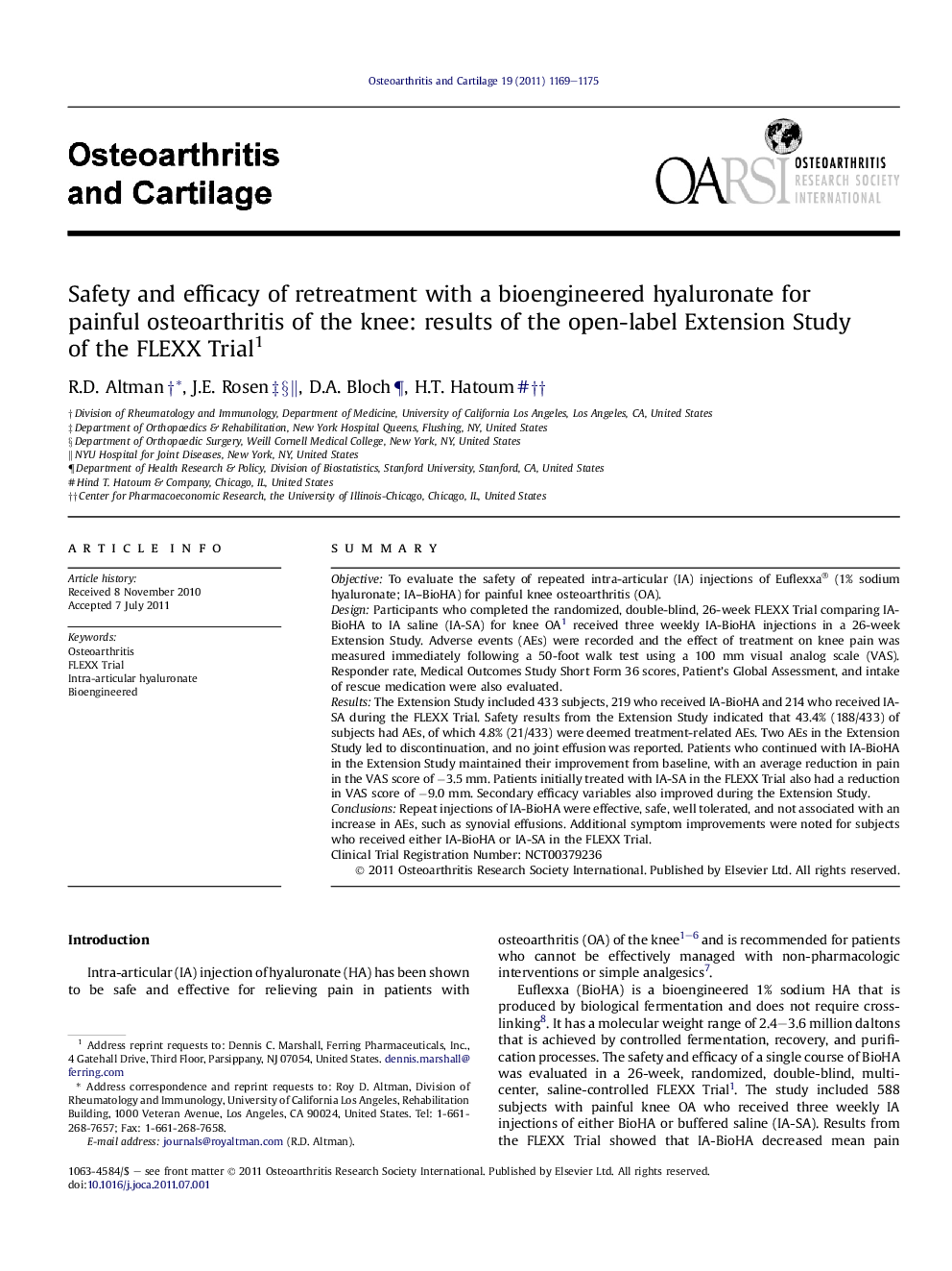 Safety and efficacy of retreatment with a bioengineered hyaluronate for painful osteoarthritis of the knee: results of the open-label Extension Study of the FLEXX Trial 1