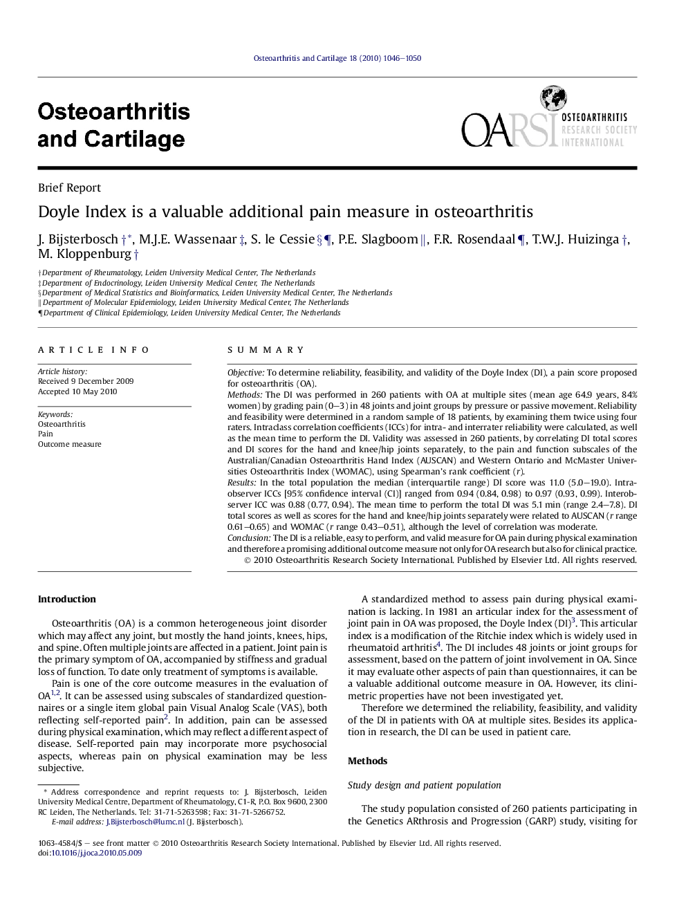 Doyle Index is a valuable additional pain measure in osteoarthritis