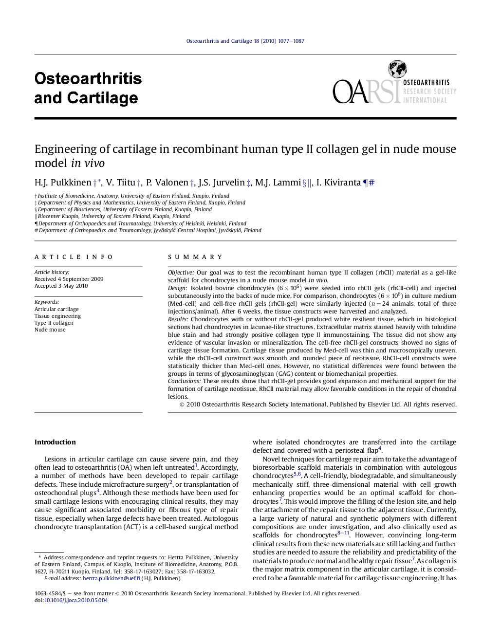 Engineering of cartilage in recombinant human type II collagen gel in nude mouse model in vivo