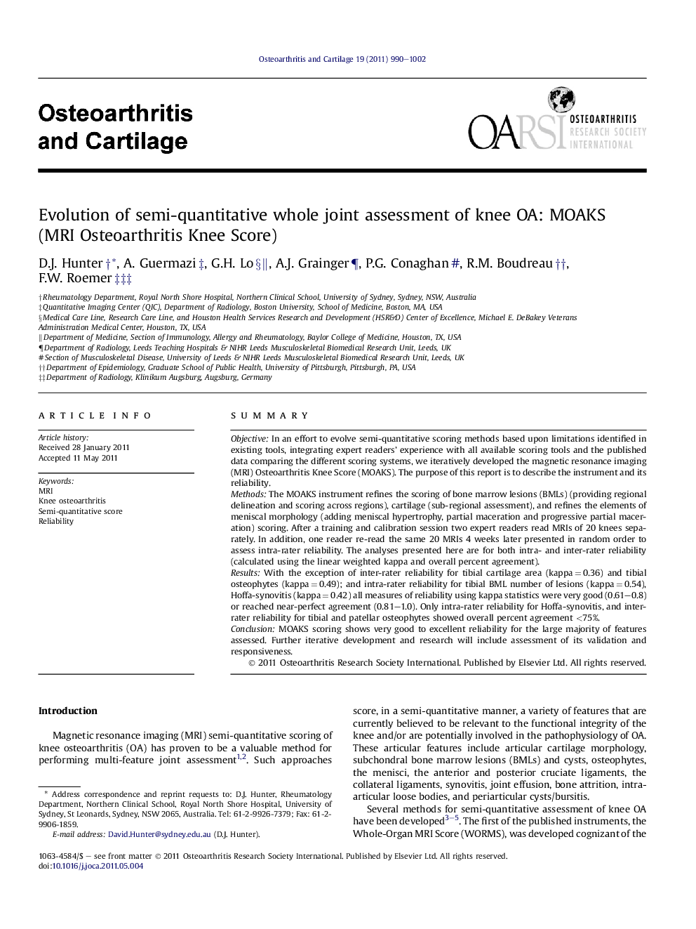 Evolution of semi-quantitative whole joint assessment of knee OA: MOAKS (MRI Osteoarthritis Knee Score)